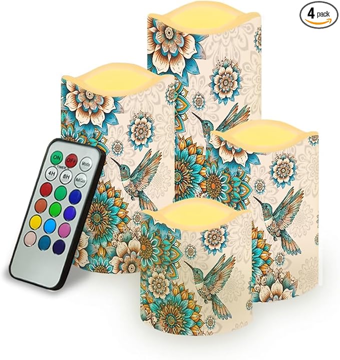 Ystardream Western Hummingbird Flameless Candles with Timer Led Candles Flickering 4 Candle Sets for Home Decor,18 Key Remote Control，Dancing Flames, True Wax, Battery Powered.