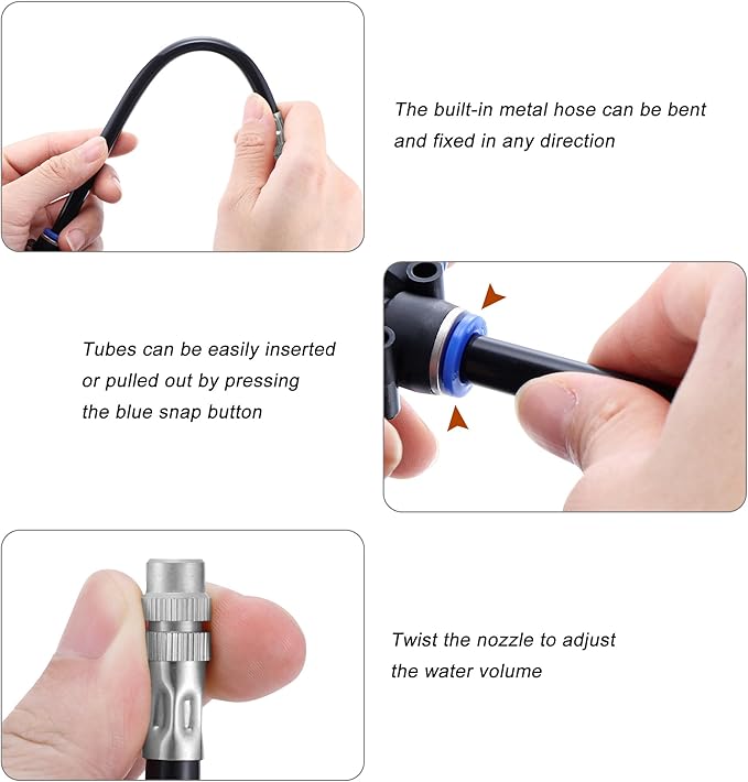 Mornajina 5Packs Brass Misting Nozzles Tee with 12inch Built in Hose for Outdoor Cooling System, Adjustable 360° Rotation, Water Mister Nozzles Thread Sprayer 0.043" (1.1 mm)