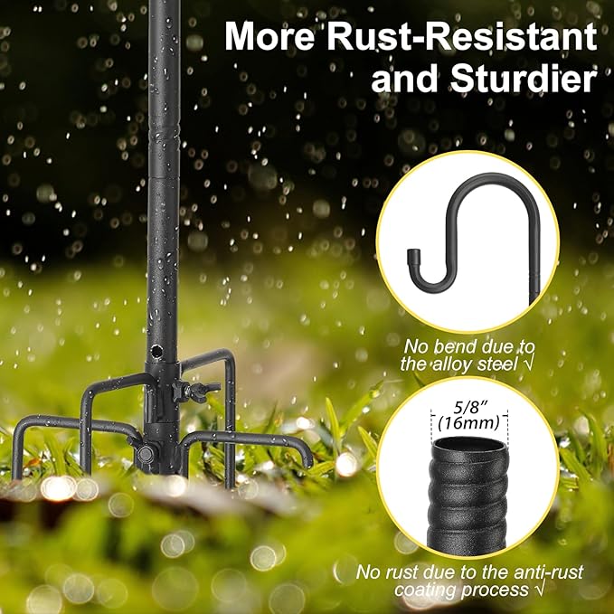 78 Inch Extra Tall Shepherd Hooks for Outdoors, Heavy Duty Metal Garden Hooks for Hanging Plants, Bird Feeders, Lanterns – Rust-Proof Steel with 5 Fork Base, Black