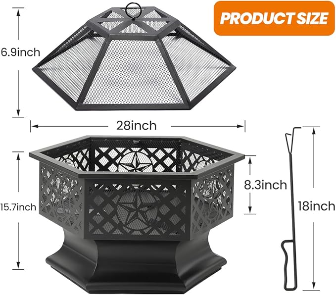 28 Inch Hexagonal Fire Pit,Wood Burning Firepits for Outside with Spark Screen&Poker,Metal Hex-Shaped Outdoor Fire Pit for Outside,Backyard,Bonfire,Patio,Garden,Picnic and Camping（Black）