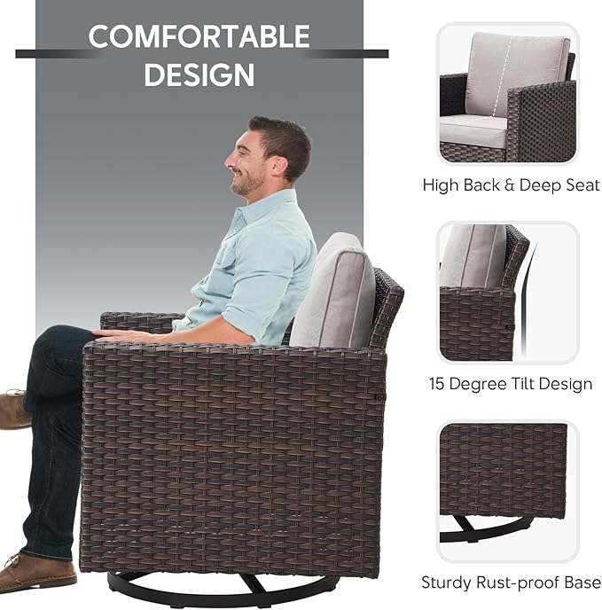 7 Piece Wicker Patio Furniture Set - Outdoor Swivel Rocker Chairs Set with Coffee Table, Side Table, 3 Seat Sofa & Ottomans, Small Patio Conversation Sets for Balcony Deck - Brown/Beige