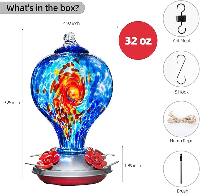 2 Packs Hummingbird Feeder for Outdoors Hanging Ant and Bee Proof, 34OZ 32OZ Hand Blown Glass Hummingbird Feeders for Outside (Red & Blue)
