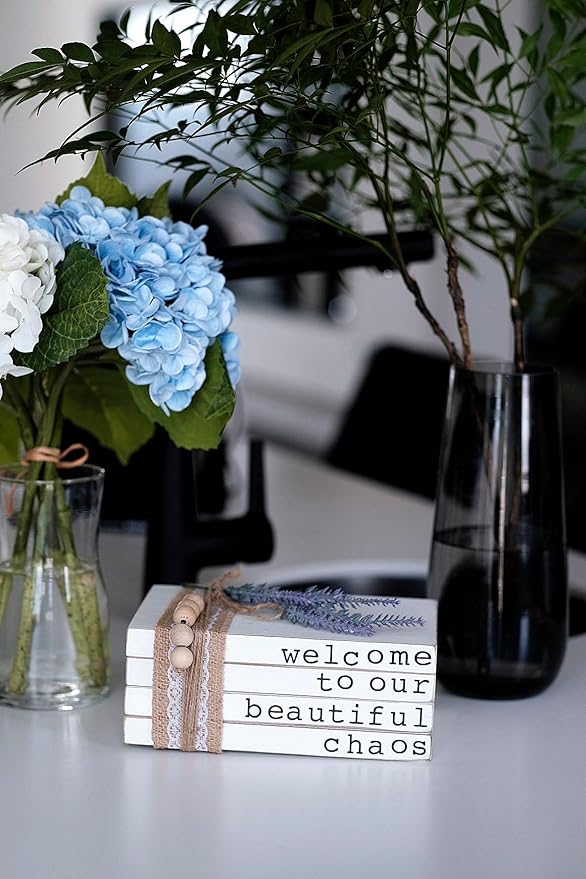 Lavender Inspired Welcome to Our Beautiful Chaos - Rustic Farmhouse Stacked Books - Set of 4 Wooden Book Bundle - Farmhouse Home Decor - Housewarming Gift