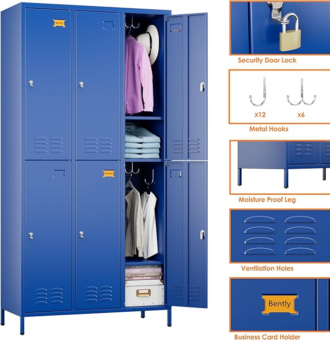 6 Doors Metal Lockers for Employees with 6 Shelves and 18 Hooks, Storage Locker with Business Card Holder for Office Gym School Bedroom, Assembly Required, Blue