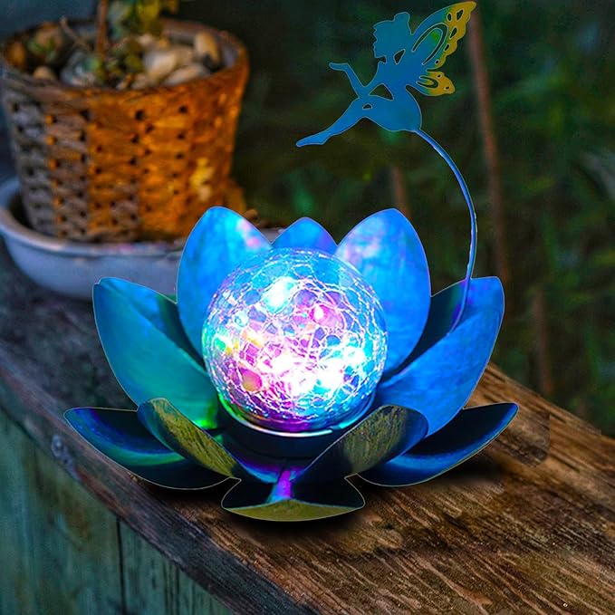 YJFWAL Garden Solar Lights Decorative, Crackle Globe Glass Lotus Flower with Fairy Decor, Metal Lotus Lamp for Garden,Patio,Lawn,Walkway,Tabletop(Multi-Color)