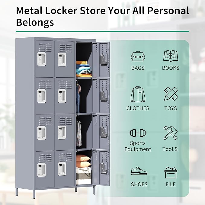 Metal Lockers for Employees, Storage Employee Locker, 72" Storage Lockers with Shelves Steel Cabinet for Home (Gray, 12 Door)