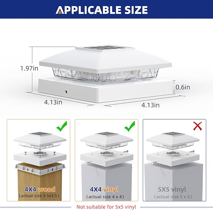 APONUO Solar Post Cap Lights for 4x4 Wood & Vinyl Posts, IP44 Waterproof Cool White LED 4x4 Post Solar Lights, Outdoor Garden Patio Yard Decor, 8 Pack (White)