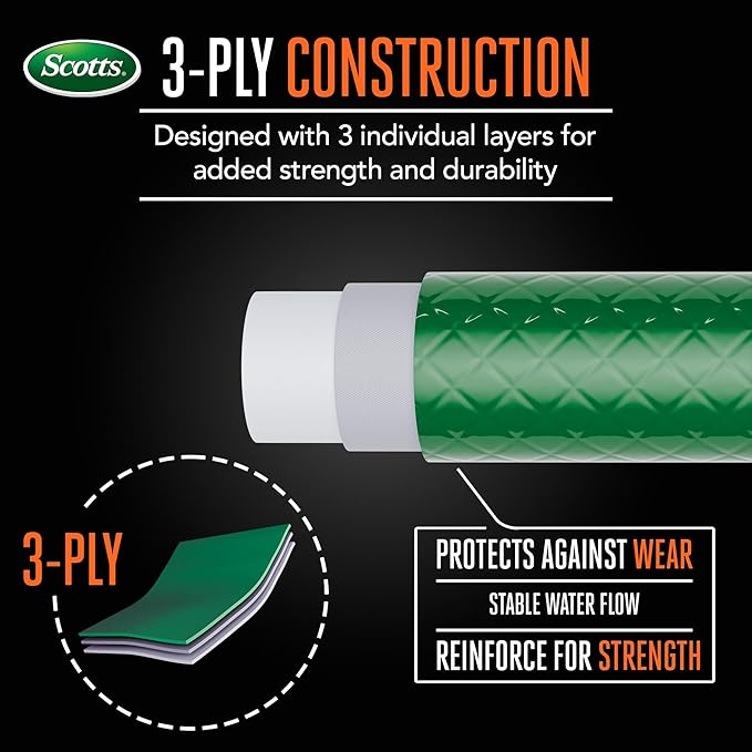 Scotts 50 ft. Light Duty Garden Hose – 5/8 in. Diameter, 3-Ply Construction, 200 PSI, High-Pressure, Easy-to-Coil Water Hose with Crush-Resistant Couplings, Easy to Connect for Lawn and Garden Use