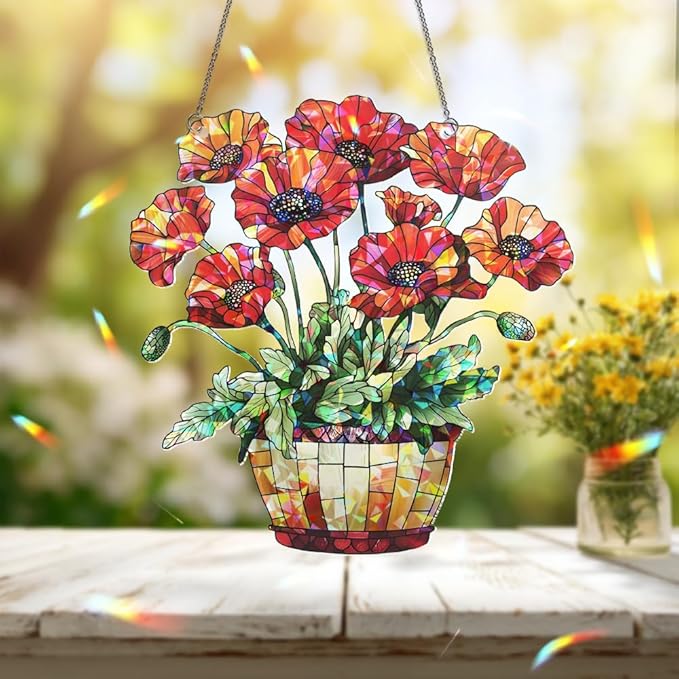 Red Poppy Flower Basket Suncatcher – Stained Glass Window Hanging, Sun Catchers Indoor Window, Ornament for Home Decor, Garden Decoration Housewarming