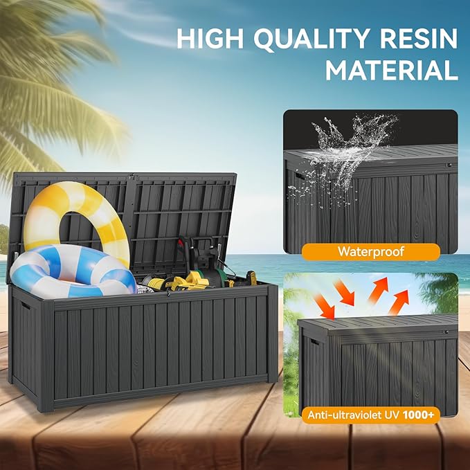 NUNU LAB 180 Gallon Outdoor Storage Box,Large Resin Sturdy Deck Box, Backyard Outside Storage Box Waterproof with Double Wall Panels,Package Delivery Garden Hose Storage Bin Outdoor Tool