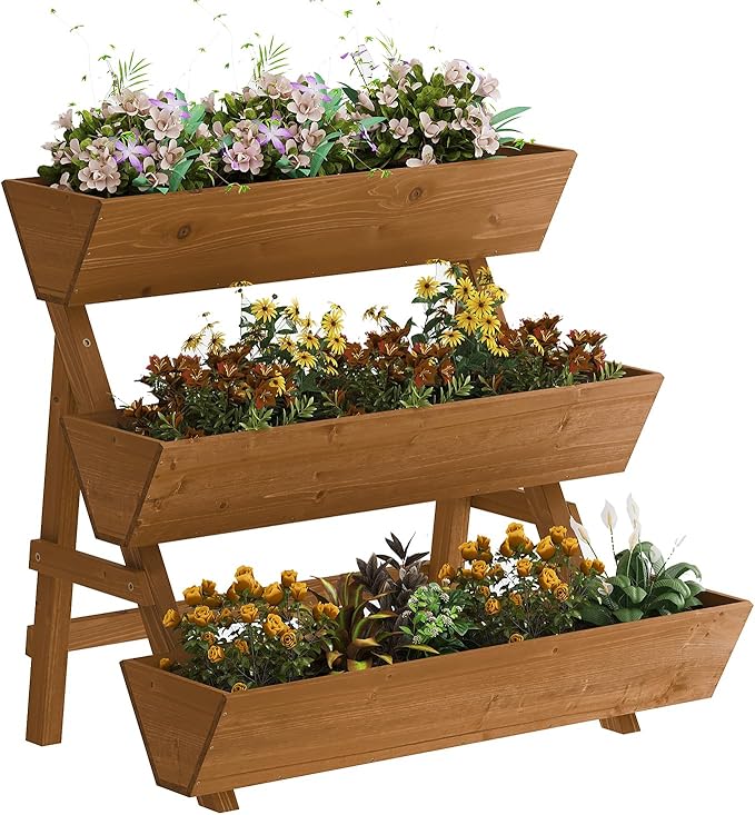 3-Tiers Wooden Raised Garden Bed,Wood Planter Box for Vegetable,Flower Rack,Flower Pot Stands,Indoor Outdoor Gardening Planting Beds (Brown, Large)