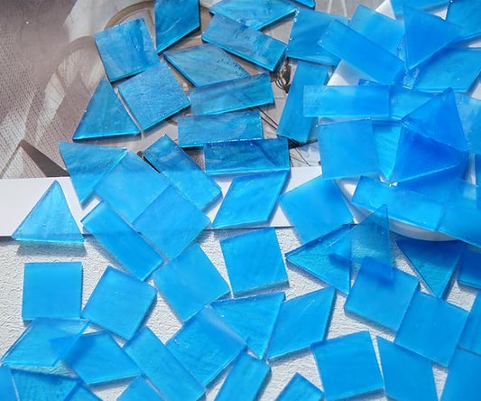 70pcs Transparent Glass Mosaic Tiles, 200g Large Size Stained Glass Pieces for DIY Mosaic Craft Supplies, 4 Shapes Mosaic Glass Tiles for Mosiac Present, Light Blue