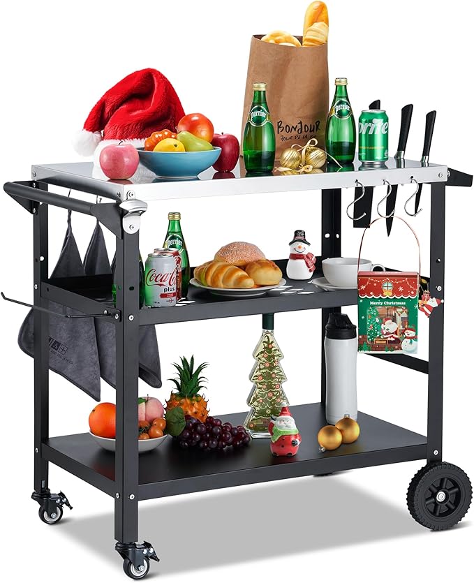 Spurgehom Outdoor Grill Cart, Pizza Oven Stand Table with Wheels Dining Cart for Outside Patio, Movable Kitchen Cooking Prep Table BBQ Cart with Mesh Racks for Home Party, Bar, Camping