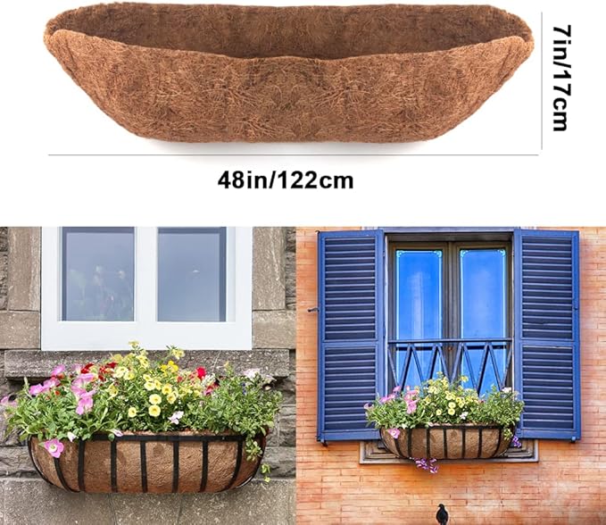 2 Pack Trough Coco Liner Fiber Replacement for Planters, 24/30/36/48 inch Half Moon Coconut Coir Planter for Window Box/Hanging Trough Planter, Garden Flower Vegetables Pot, Fence Flower Baskets