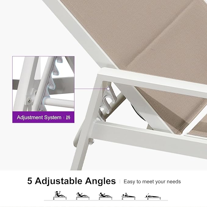 PURPLE LEAF Outdoor Chaise Lounge Adjustable Sunbathing Recliner with Armrest Khaki 2 Sets