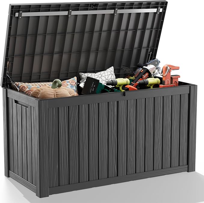 DRATO 150 Gallon Outdoor Storage Box, Large Waterproof Deck Box, Lockable Resin Storage Container with Reinforced Support for Patio Cushions, Garden Tools, UV-Resistant Outdoor Chest（Black）