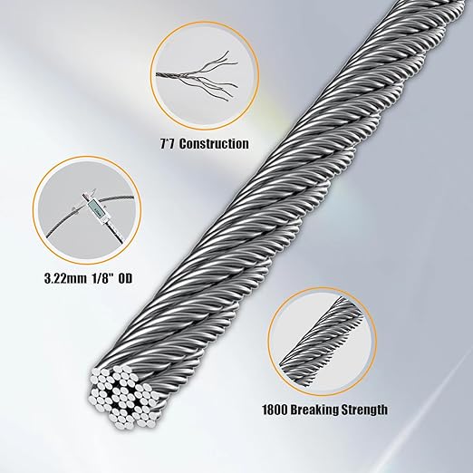 250FT 1/8" Stainless Steel Cable Wire Rope with Cutter, Cable for Deck Railing, 1800 lb Breaking Strength 7x7 Strands, T316 Aircraft Cable for Stair, Fence, Porch