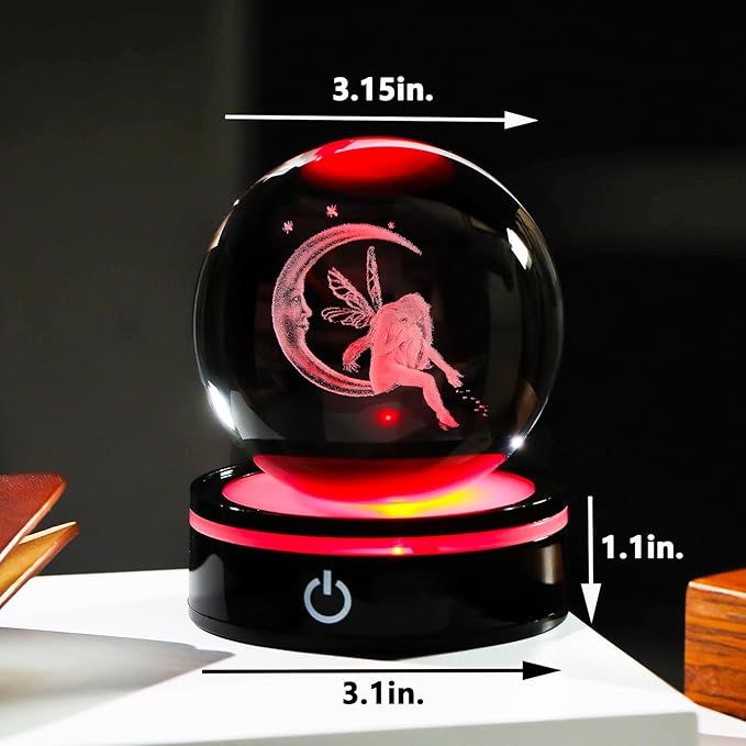 YWHL 3D Moon Fairy Figurine Crystal Ball with Colorful Light Base, Fairy Gifts for Women Girls on Christmas Birthday, 3D Laser Engraved Elf Full Sphere Glass Decorative Ball for Home Office (80mm)