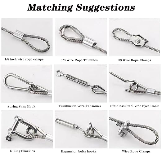 1/8" Wire Rope Kit with M5 Turnbuckles - 164FT Vinyl Coated Stainless Steel Cable, 7x7 Braided Strands Aircraft Cable for Climbing Plants, Outdoor String Lights Hanging