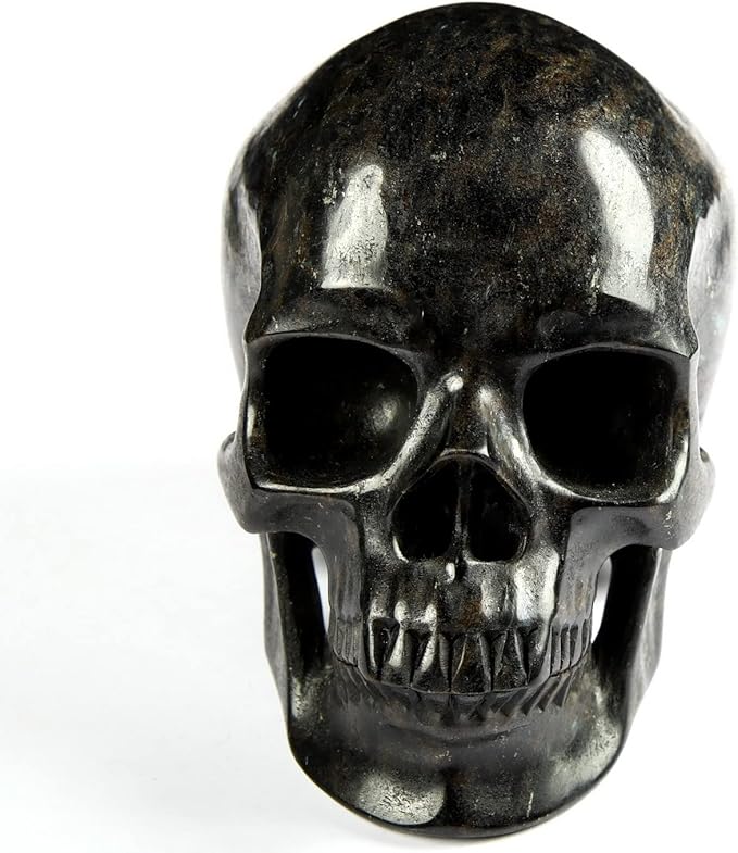 Skullis 5.0" Russian Arfvedsonite Hand Carved Crystal Skull, Super Realistic, Crystal Healing, Hand Carved Gemstone Fine Art Sculpture, Reiki Healing Stone Statue. z8