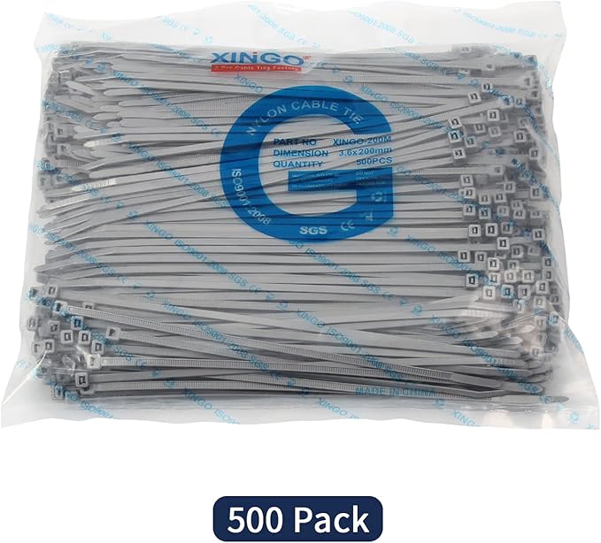 XINGO 8 Inch Silver Cable Zip Ties (500 Pack), 40 Lbs Tensile Strength-Heavy Duty, Self-Locking Nylon Plastic Nylon Wire Ties for indoor and outdoor use