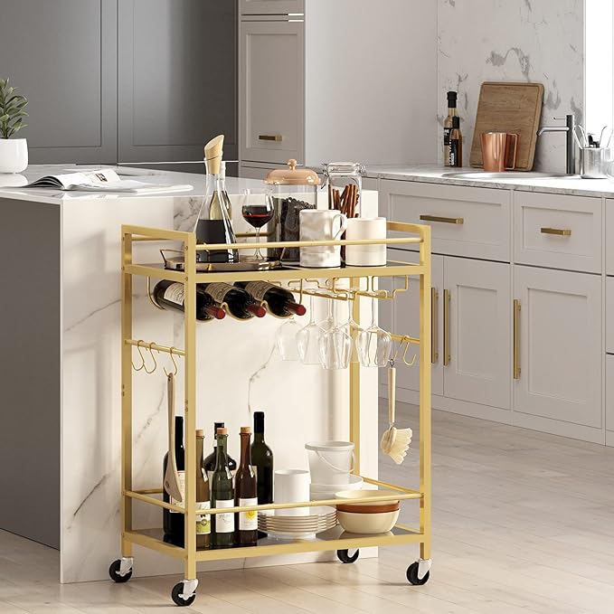 TUTOTAK Bar Cart, Serving Cart for Home, Drink Cart, Mobile Kitchen Shelf with Wine Rack and Glass Holder, Rolling Beverage Cart, Gold BC01BB031