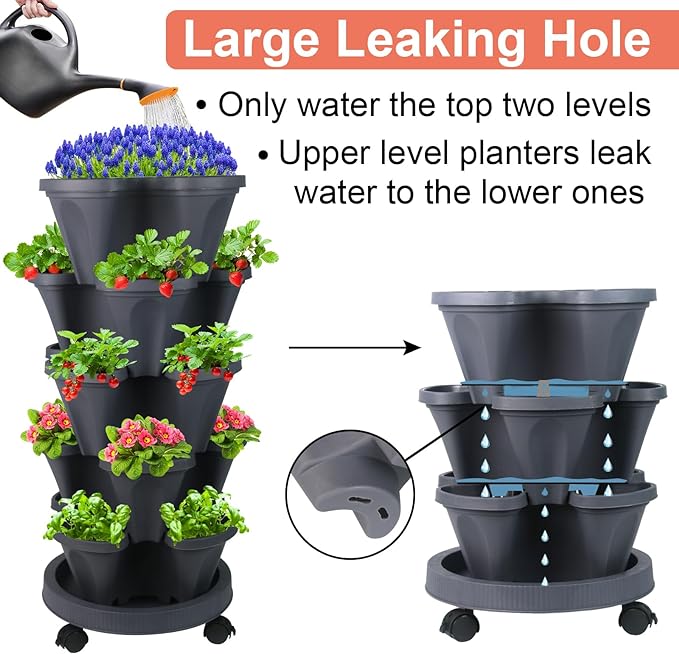 Vertical Planter 5 Tier Stackable Planters Garden Planters Strawberry Herb Flower and Vegetable Planter Indoor Outdoor Gardening Pots with Removable Wheels and Tools