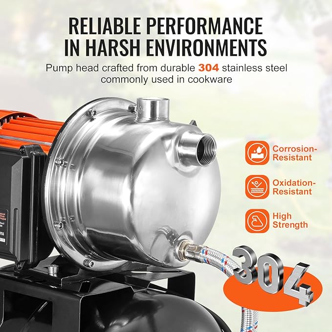 VEVOR 1.6 HP Shallow Well Pump With Pressure Tank, 1320 GPH, Automatic Irrigation Water Booster, 5-Gal Tank 30/50 PSI Switch, Stainless Steel Head for Home Garden Lawn