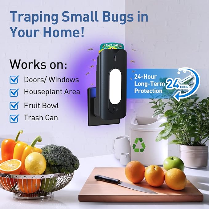 Fruit Fly Trap for Indoors-2PCS, 2 in 1 Fly Trap Indoor with Night Light for Home with 20 Refills, Gnat Traps for House Indoor, Plug-in Insect Trap for Gnats, Flies, Moths-Black