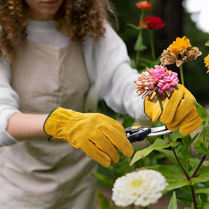 OZERO 5Pair Leather Work Gloves Cowhide Garden Glove for Wood Cutting/Yard Gold,Large