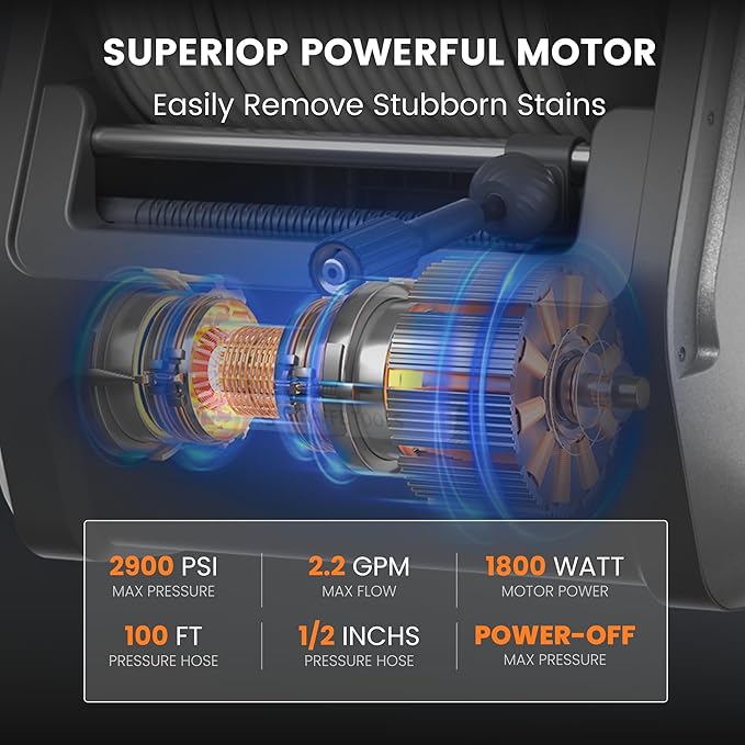 Giraffe Tools Grandfalls Wall Mount Pressure Washer Plus+, Max 2900PSI 2.2 GPM, Electric Power Washer with 100ft Pressure Hose for Car/Patios, Automatic Rewind, Dark Silver