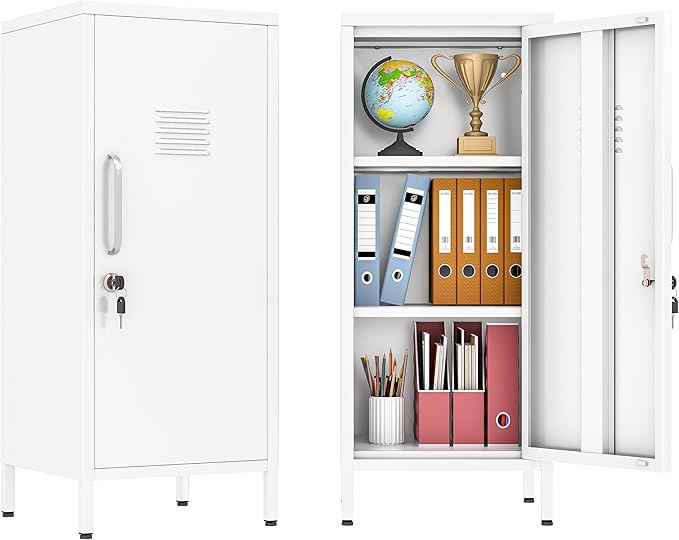 35" Metal Storage Locker, Lockable Employees Metal Locker with Door and Adjustable Shelves, Steel Locker for Home, School, Office, Gym (White)
