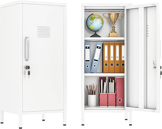35" Metal Storage Locker, Lockable Employees Metal Locker with Door and Adjustable Shelves, Steel Locker for Home, School, Office, Gym (White)