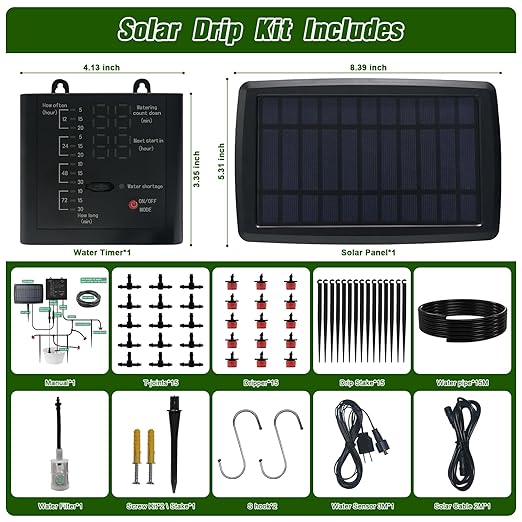 Solar Drip Irrigation System for Garden, Automatic Drip Irrigation Kits,Plants Self Watering Devices for Vacation,Solar/Battery Powered Water Pump for Potted Plants,Raised Beds,Greenhouse (15 Pots)