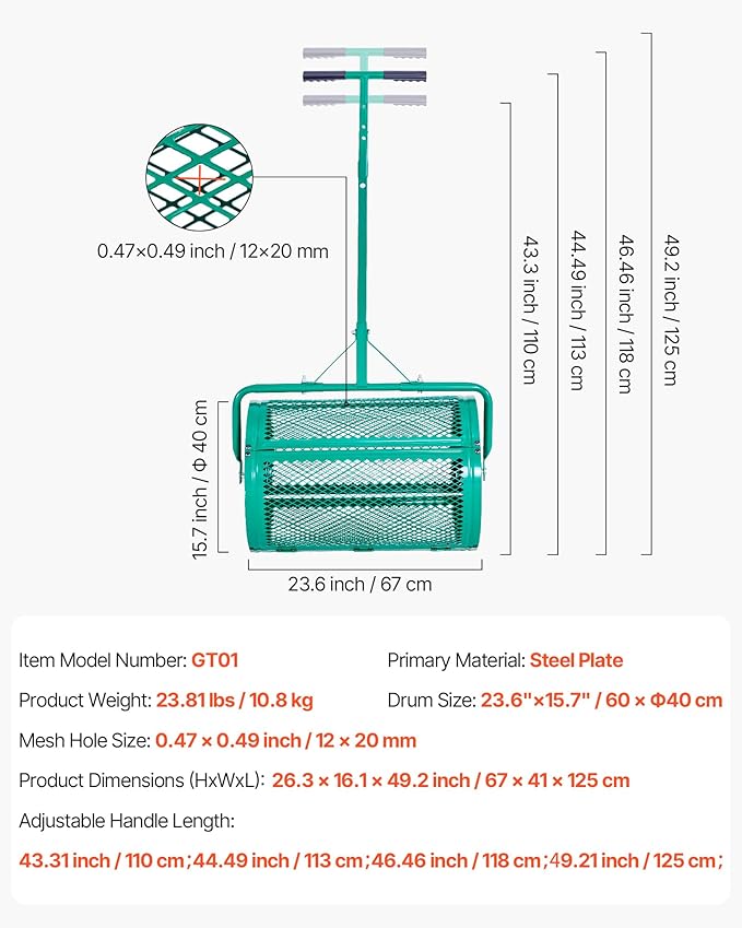 VEVOR Compost Spreader, 24 in Wide Peat Moss Spreader with Push/Tow Handle, 4 Heights Adjustable, Powder-Coated Steel Garden Peat Moss Roller, Heavy Duty Grass Seed Spreaders for Planting Seeding