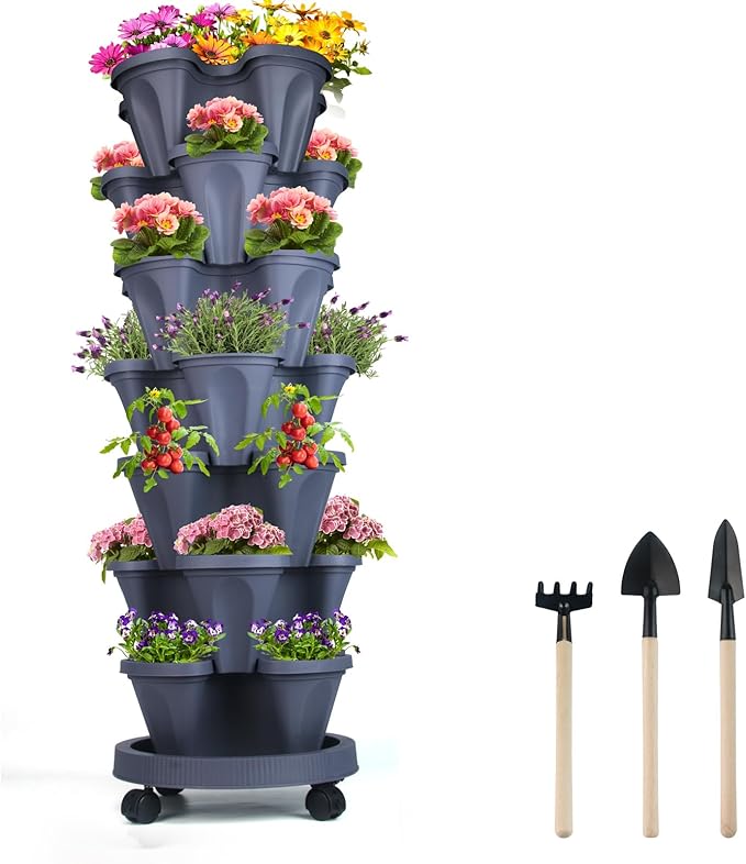 Vertical Planter 7 Tier Stackable Planters Garden Planters Strawberry Herb Flower and Vegetable Planter Indoor Outdoor Gardening Pots with Removable Wheels and Tools