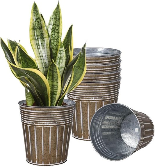 vensovo 7 Inches Brown Metal Rustic Flower Pots - 6 Pcs Medium Galvanized Planters with Drainage Hole and Rubber Plug, Rustproof Tin Bucket Plant Pot Farmhouse Vintage Style for Decor