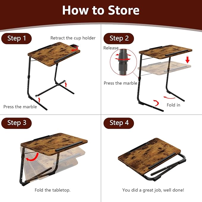 TV Trays Set of 4 - Folding TV Tray Adjustable Dinner Trays for Eating On Couch Wooden Tables Mate Stand Foldable Rustic Desk with Cup Holder Portable