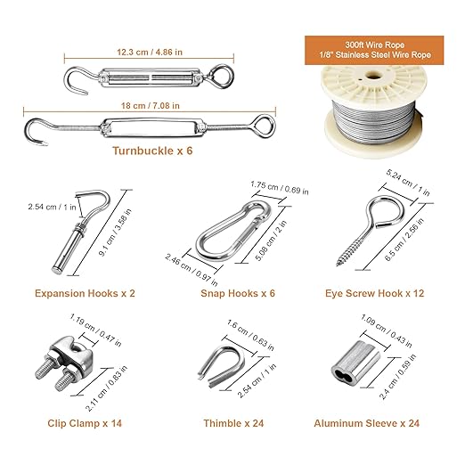 1/8" Vinyl Coated Wire Rope Kit with Work Gloves, 300FT Stainless Steel String Light Hanging Kit with Turnbuckle,7x7 Strand 920LB Strength Clothes Line Cable for Outdoor, Crafts, Garden