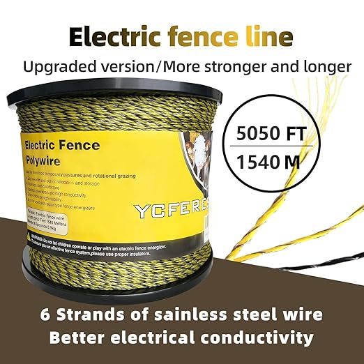 Upgraded Electric Fence Polywire 5050 Feet 1540 Meters, 6 Stainless Steel Strands for Reliable Conductivity and Rust Resistance, Portable Electric Fencing,UV, Rust Resistant