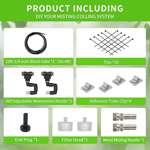 Misting Irrigation Kit Plant Watering System Fittings with 1/4 inch 1/2 inch Blank Distribution Tubing Hose Adjustable Nozzle Emitters Sprinkler Barbed Fittings Greenhouse