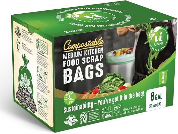 UNNI Compostable Trash Bags, 8 Gallon / 30 Liter, 50 Count, Extra Thick 0.85 mil Medium Kitchen Food Scrap Bin Liners, Certified by BPI, CMA & OK compost HOME, Meets the ASTM D6400 Standard
