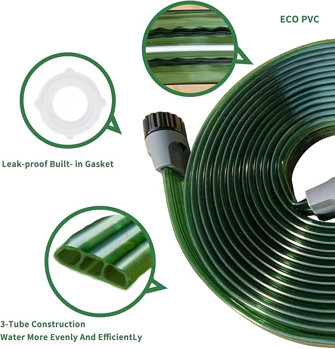 25FT Flat Sprinkler Hose for Lawn Watering Garden Soaker Hose with Holes, Heavy Duty Lightweight No-Kink Water Hose with Stakes, Irrigation Hose, Great Fun for Kids and Dog