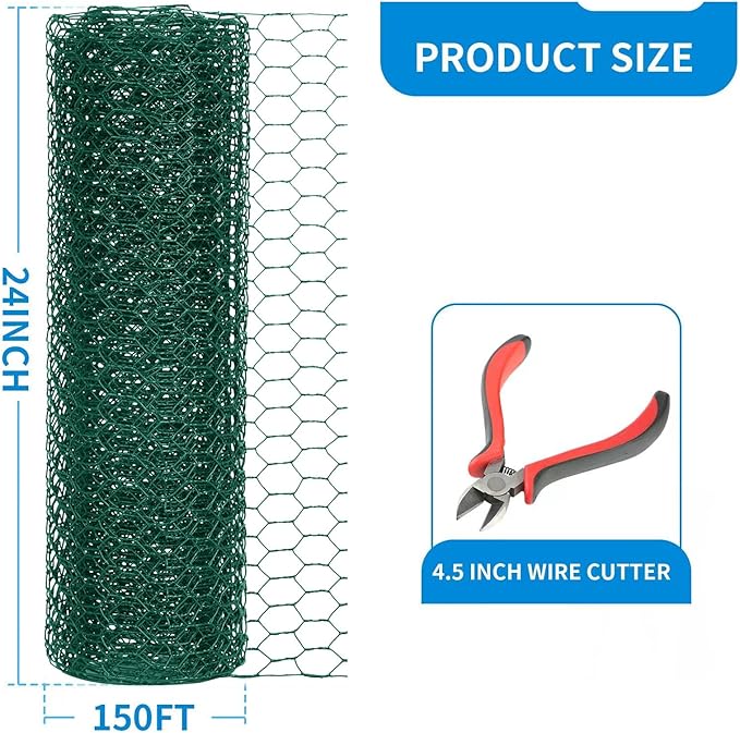 24'' x 150' Green Chicken Wire Fencing, 1 inch Chicken Wire and 20 Gauge Poultry Netting, Garden Mesh Fence Roll for Floral Arrangements/Crafts/Farm/Livestock/Pet Protection