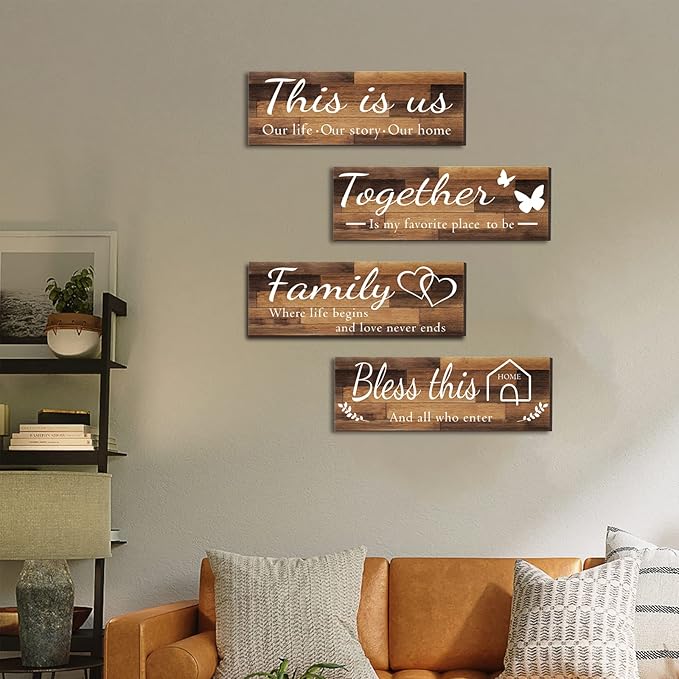 4 Pieces Home Wall Signs, THIS IS US/TOGETHER/BLESS THIS HOME/FAMILY Wall Decor For Living Room Bedroom, Rustic Wooden Farmhouse Wall Art , 4.7 x 13.8 Inch(Brown)