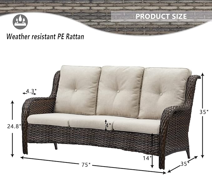 HUMMUH 7pcs Patio Furniture Set Swivel Rocker Patio Chairs,PE Wicker Outdoor Sofa Set of 2 with Coffee Table and Ottomans(Brown,Beige)