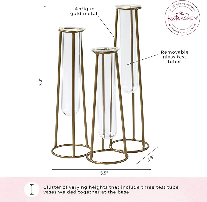 Propagation Station Terrariums with Gold Metal Stand - Kate Aspen 3 Glass Test Tube Planters for Indoor Plant, Air Plants, Plant Clippings, Cut Flowers, Herbs, Succulents | Home Decor Table Decoration