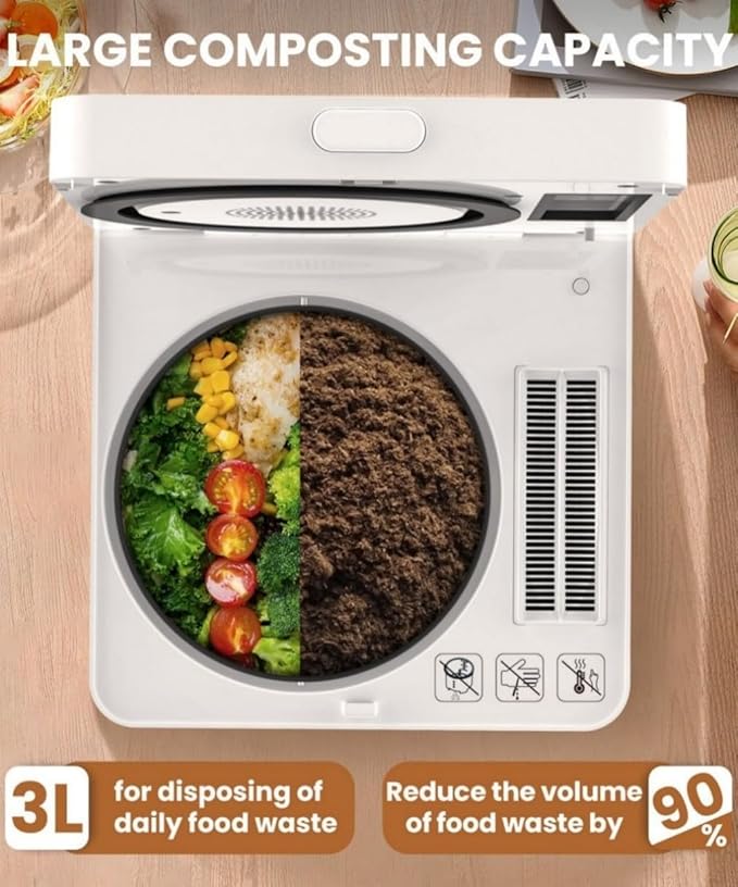 3L Compact Electric Composter for Kitchen, Odorless Smart Compost Bin, Self-Cleaning & Digital Display - Fast 4-6H Food Waste to Fertilizer Conversion for Outdoor Use