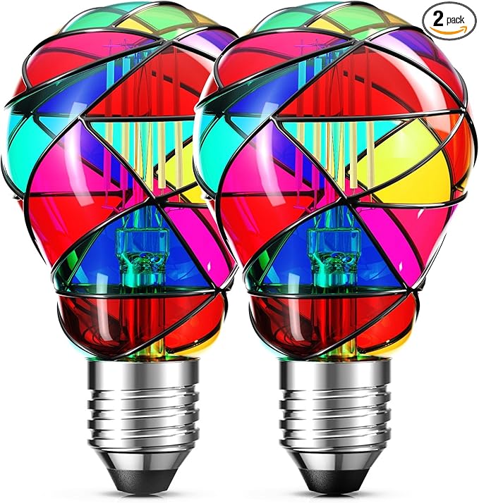 Hompavo Upgraded Dimmable LED Stained Glass Light Bulb, Hand-Painted Colorful E26 A19/A60 3.5W, for Party, Halloween, Christmas, Home, Room, Garden, Balcony Decoration, 2 Pack