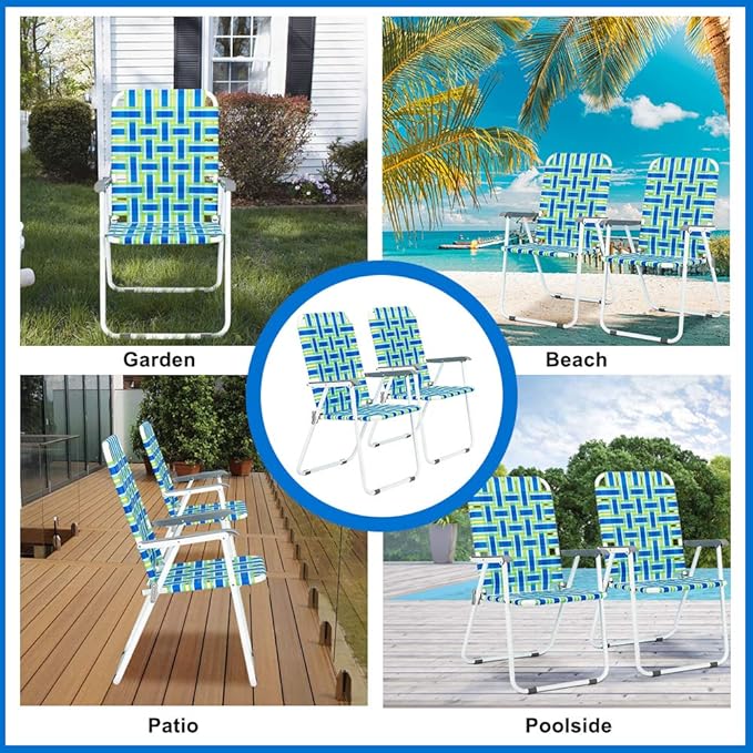 VINGLI Patio Lawn Webbed Folding Chairs Set of 2, Outdoor Beach Portable Lawn Chair Camping Chair Beach Chair for Yard, Garden Dining (Blue, Classic)